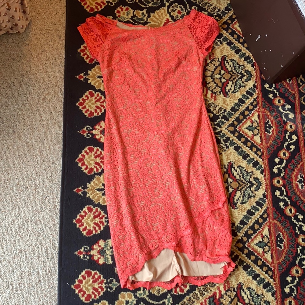 Over the shoulder lacy pink dress with nude slip